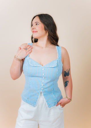 Blue Pinstriped Button Up Top