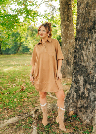 Camel Suede Collared Mini Dress - Select Trends Boutique