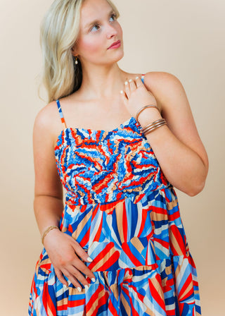 Blue & Red Print Tiered Maxi