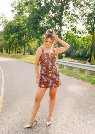 Brown Floral Jacquard Mini Dress - Select Trends Boutique