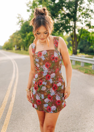 Brown Floral Jacquard Mini Dress - Select Trends Boutique