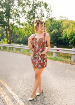 Brown Floral Jacquard Mini Dress - Select Trends Boutique