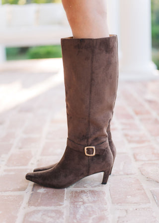 Diva Chocolate Buckled Suede Boots
