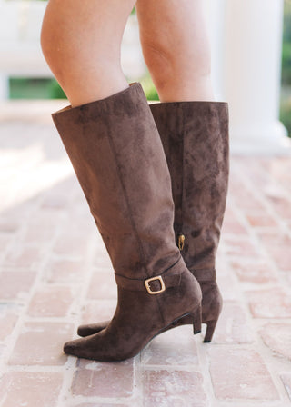 Diva Chocolate Buckled Suede Boots