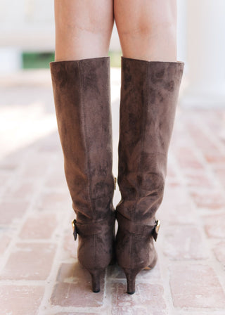 Diva Chocolate Buckled Suede Boots