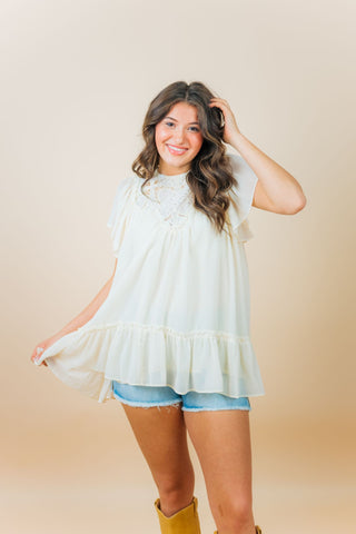 Cream Lace Detail Ruffle Blouse