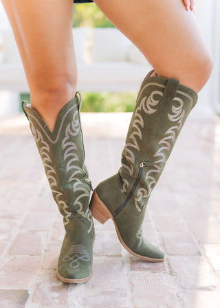 Faye Olive Suede Cowgirl Boots