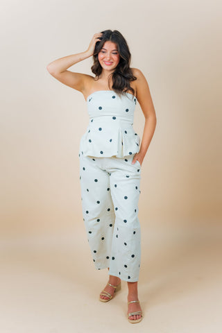 Cream & Black Polka Dot Denim Pant Set