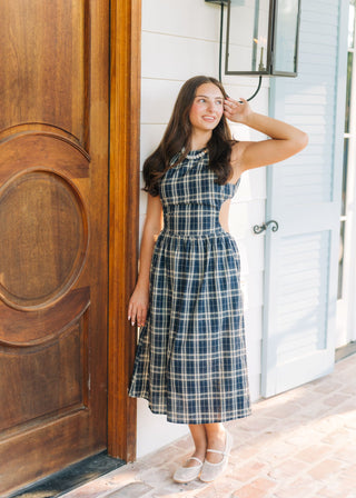Navy Plaid Open Back Midi Dress