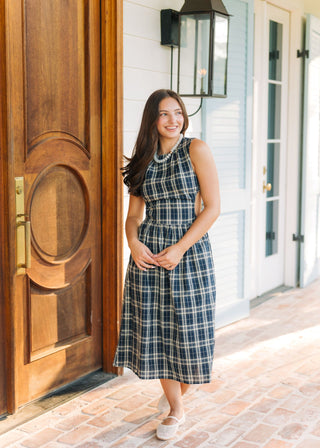 Navy Plaid Open Back Midi Dress