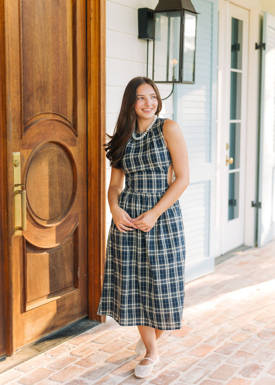 Navy Plaid Open Back Midi Dress