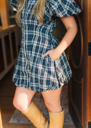 Navy Plaid Zip Up Bubble Dress