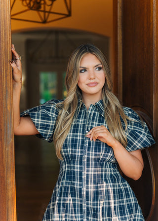 Navy Plaid Zip Up Bubble Dress