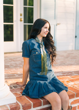 Dark Wash Denim Pleated Hem Dress
