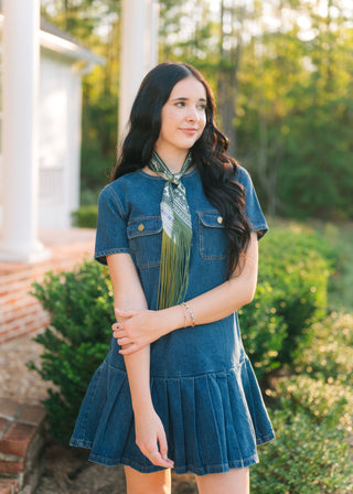 Dark Wash Denim Pleated Hem Dress