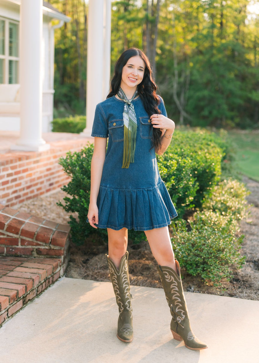 Dark Wash Denim Pleated Hem Dress