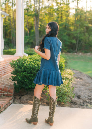 Dark Wash Denim Pleated Hem Dress