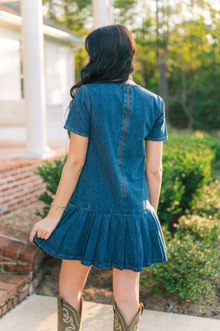 Dark Wash Denim Pleated Hem Dress