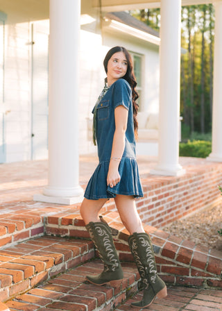 Dark Wash Denim Pleated Hem Dress