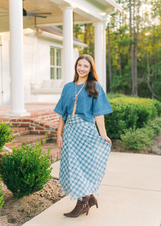 Blue Plaid Flowy Midi Skirt