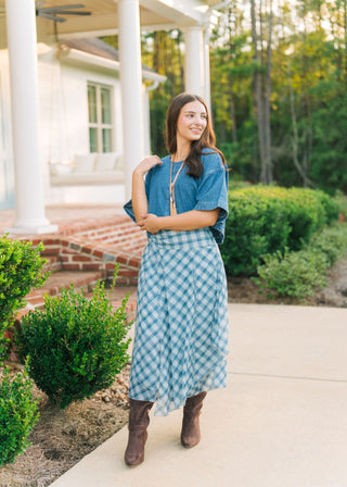 Blue Plaid Flowy Midi Skirt