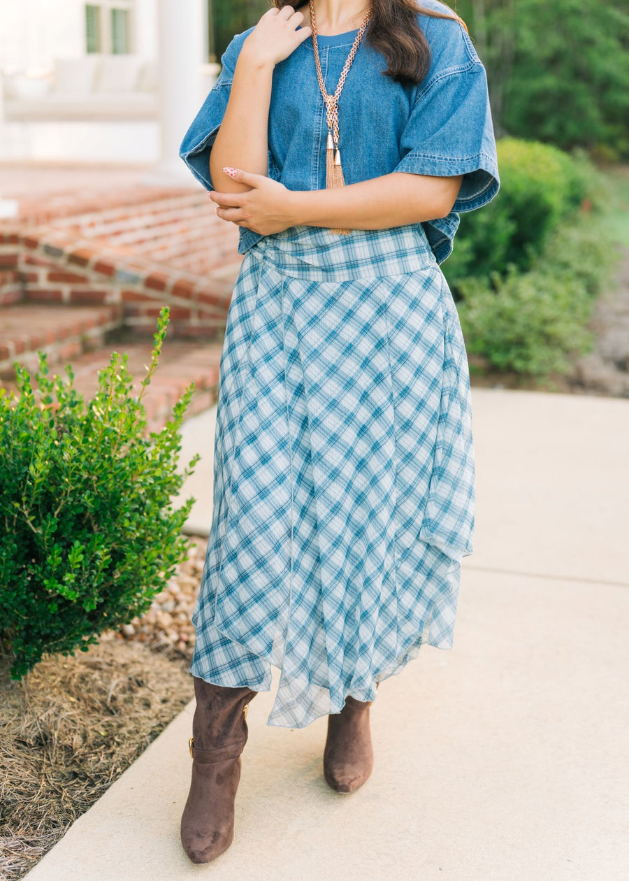 Blue Plaid Flowy Midi Skirt