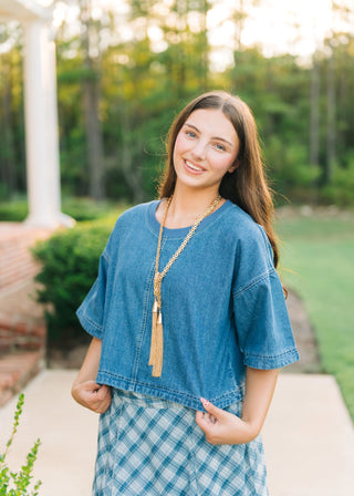 Medium Wash Short Sleeve Denim Top