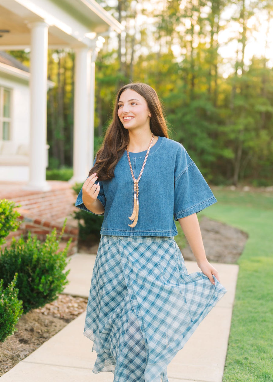 Medium Wash Short Sleeve Denim Top