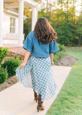 Blue Plaid Flowy Midi Skirt