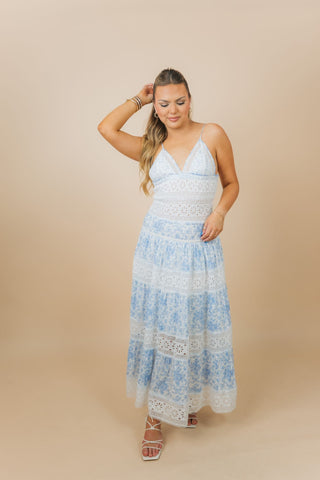 Blue Lace Detail Floral Midi Dress