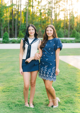 Navy Embroidered Puff Sleeve Mini Dress