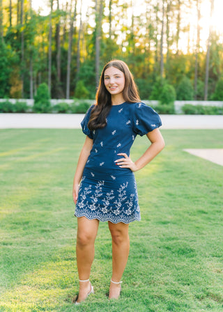 Navy Embroidered Puff Sleeve Mini Dress
