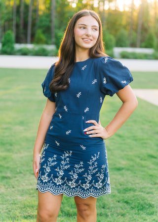Navy Embroidered Puff Sleeve Mini Dress