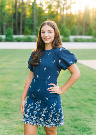 Navy Embroidered Puff Sleeve Mini Dress