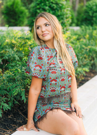 Burgundy Floral Feather Set Blouse