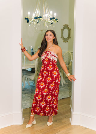 Red Printed Halter Midi Dress