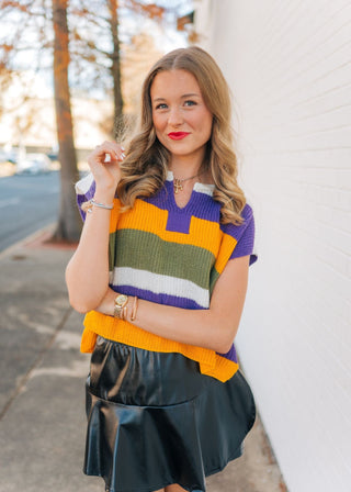 Mardi Gras Striped Knit Short Sleeve Top