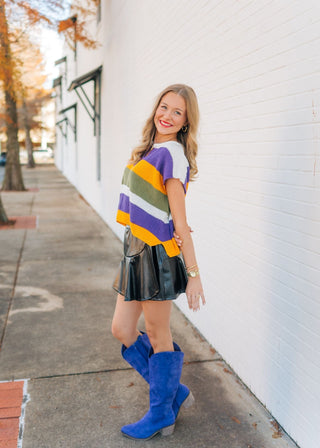Mardi Gras Striped Knit Short Sleeve Top