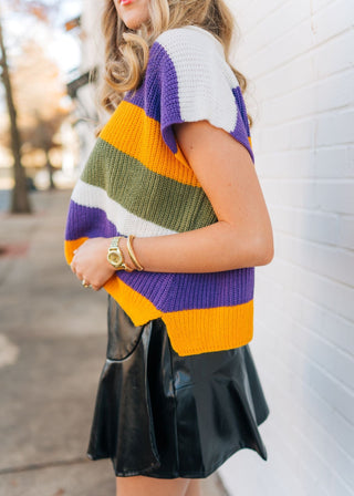 Mardi Gras Striped Knit Short Sleeve Top