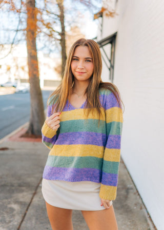 Mardi Gras V-Neck Striped Sweater