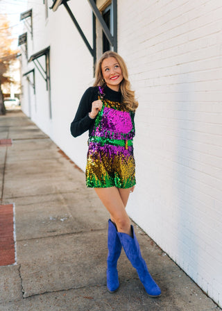 Mardi Gras Sequin Overall Romper