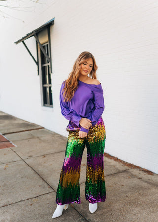 Purple Draped Shoulder Satin Top