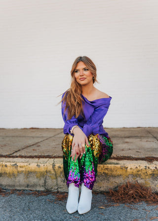 Purple Draped Shoulder Satin Top