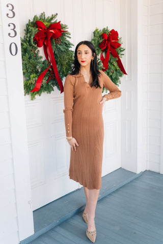 Brown Long Sleeve Ribbed Midi Dress