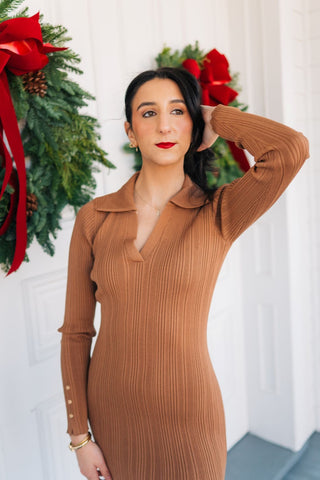 Brown Long Sleeve Ribbed Midi Dress