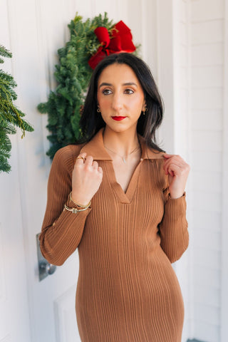 Brown Long Sleeve Ribbed Midi Dress