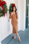 Brown Long Sleeve Ribbed Midi Dress