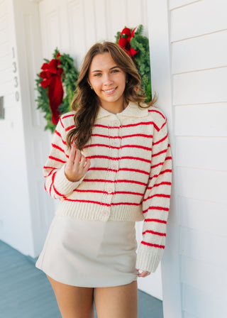 Red Striped Button Front Collar Sweater