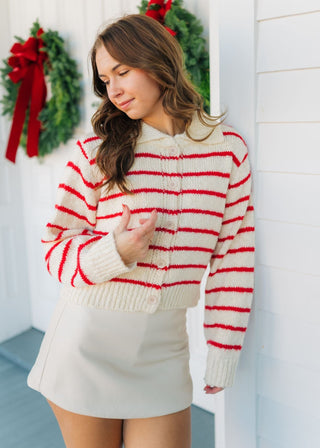 Red Striped Button Front Collar Sweater