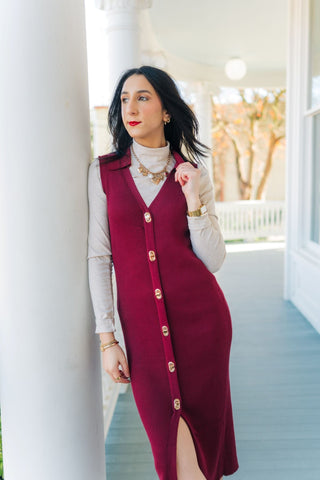 Burgundy Sleeveless Button Up Midi Dress